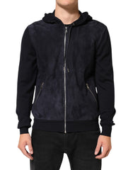 Black Leather Full Zip Hooded Blouson Jacket