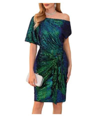 فستان نسائي بأربطة على الكتف مطرز بالخرز