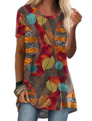 تي شيرت كاجوال برقبة كرو برقبة عرقية بطبعة عتيقة بأكمام قصيرة