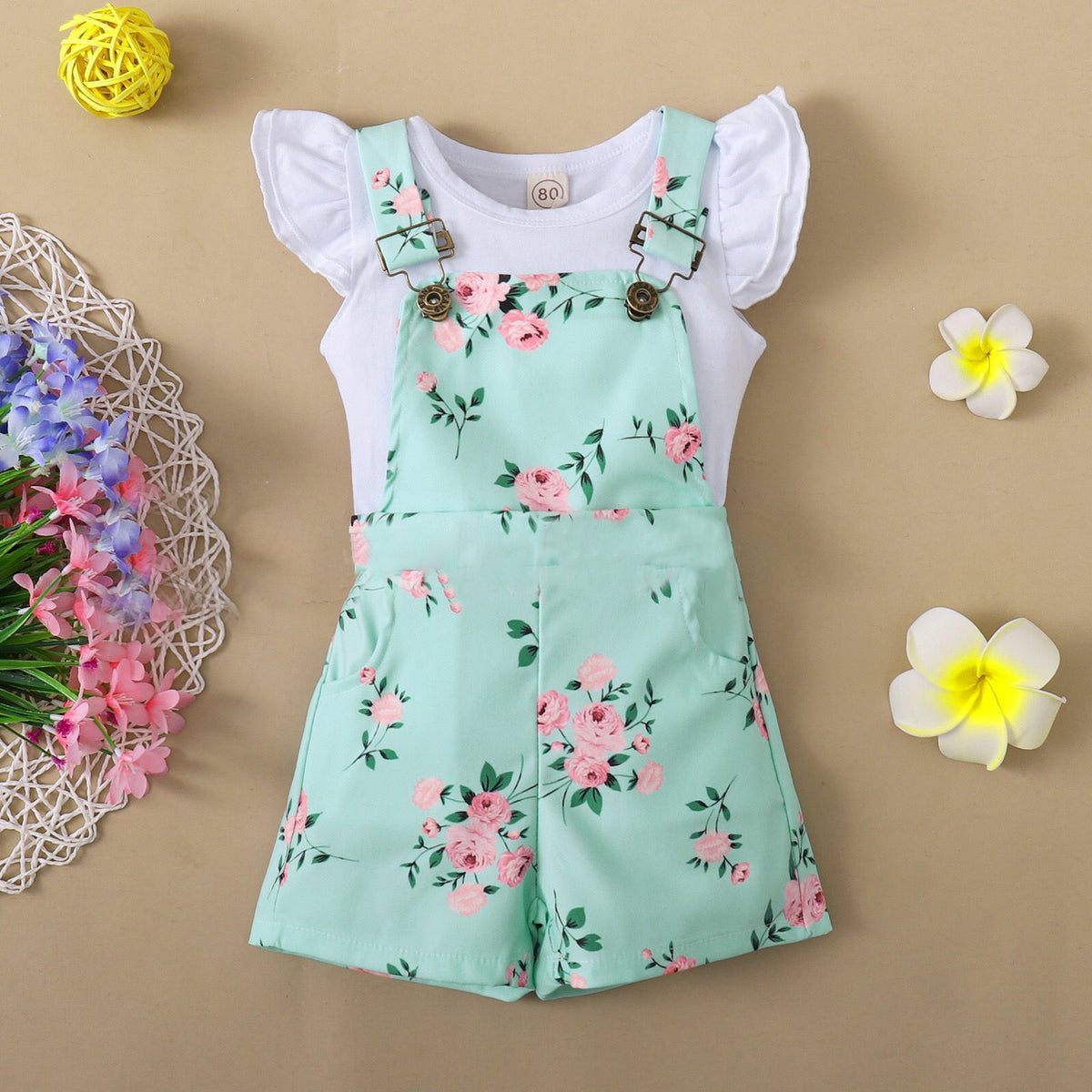 Short Sleeve Flounced Sleeve T-shirt Floral Suspender Pants Suit