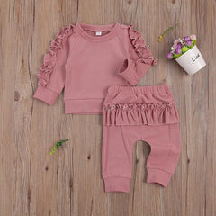 Simple Solid Color Long-sleeved Trousers Children's Suit With Leaf Edge