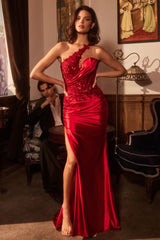 One Shoulder Satin Dress With Lace Applique-2