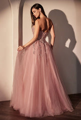 Strapless Pink Ball Gown With Floral Applique-1