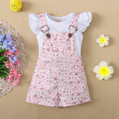 Short Sleeve Flounced Sleeve T-shirt Floral Suspender Pants Suit