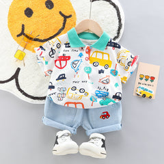 ملابس كاجوال صيفية صيفية كاجوال للبنين والبنات بنقشة سيارة من قطعتين أطفال