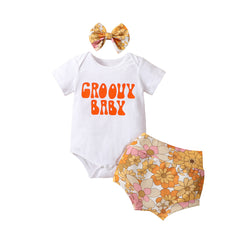 Solid Color Letter T-shirt Romper Hot Pants Suit With Headdress Flower