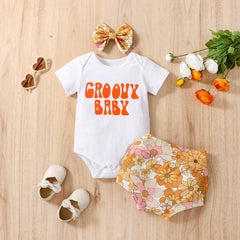 Solid Color Letter T-shirt Romper Hot Pants Suit With Headdress Flower