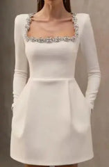 Elegant Square Collar Rhinestone Dress