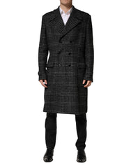 Grey Double Breasted Plaid Wool Coat Jacket