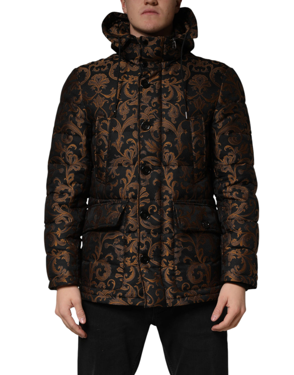 Black Floral Jacquard Quilted Hooded Jacket