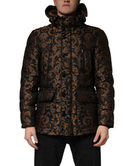 Black Floral Jacquard Quilted Hooded Jacket