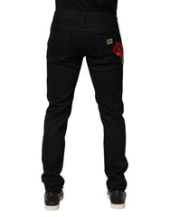 Black Floral Cotton Skinny Men Denim Jeans