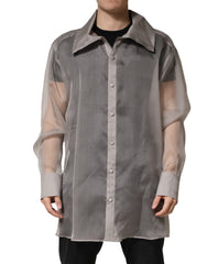 Gray Sheer Silk Button Front Men Dress Shirt