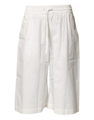 White Cotton High Waist Wide Leg Straight Bermuda Shorts