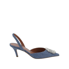 Blue Nubuc Leather Mid Heel Pumps