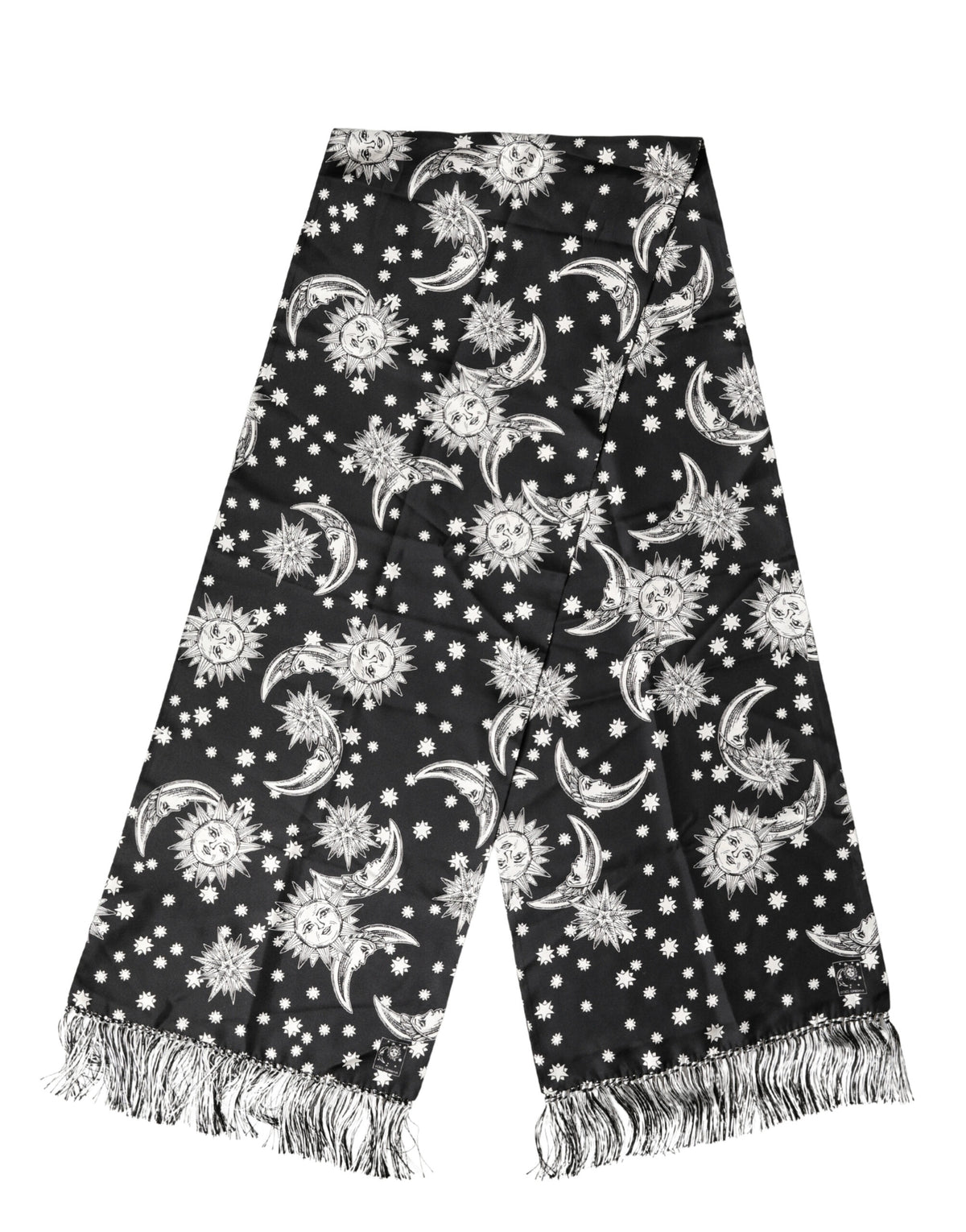 Black Silk Sun Moon Star Fringe Foulard 178cm X 33cm Scarf