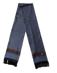 Blue Silk Geometric Fringe Foulard Wrap 131.5x15.5cm Scarf