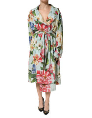 Green Floral Silk Wrap Midi Long Sleeve Dress