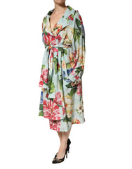 Green Floral Silk Wrap Midi Long Sleeve Dress