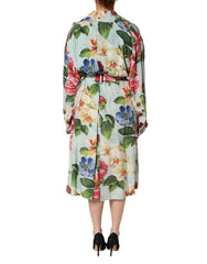 Green Floral Silk Wrap Midi Long Sleeve Dress
