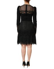 Black Lace Sheer Panel Midi Long Sleeve  Dress