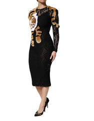 Black Lace Faux Fur Tiger Appliqué Sheath Dress