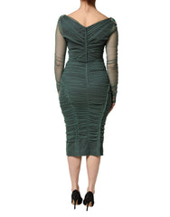 Green Ruched Mesh Sheer Sleeves Midi Dress
