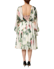 Floral Rose Ivory Silk Blend Longsleeve Dress