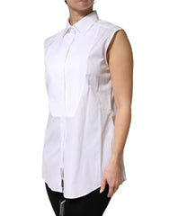 White Cotton Pleated Sleeveless Button Down Top