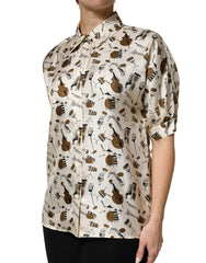 Beige Musical Instrument Print Short Sleeve Top