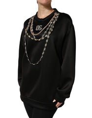 Black Embellished Logo Crystal Sweatshirt Top