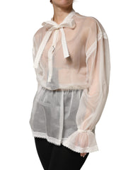 White Sheer Silk Blouse Lace Bow Tie Blouse Top