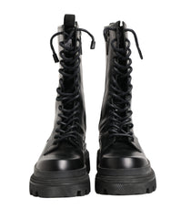 Black Leather Trek Sole Combat Boots Shoes