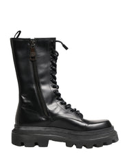 Black Leather Trek Sole Combat Boots Shoes
