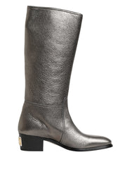Metallic Silver Leather Knee High Boots Shoes