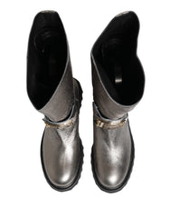 Metallic Silver Leather Mid Calf Boots Shoes