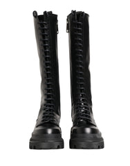 Black Leather Knee High Lace Up Boots Shoes