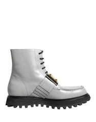 Gray Leather Logo Plaque Ankle Boots Shoes