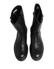 Black Leather Belted Buckle Combat Boots Shoes