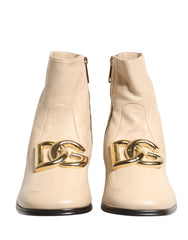 Beige Leather Logo Plaque Ankle Boots Shoes