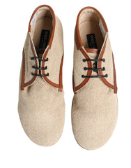 Beige Canvas Leather Trim Dress Derby Shoes