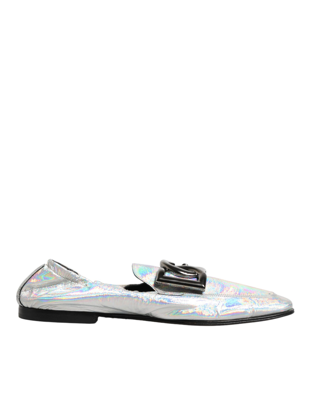 Silver DG Logo Holographic Leather Loafers Shoes