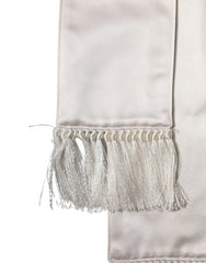 White Silk Satin Fringes Foulard 282cm x 10cm Men Scarf