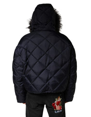 Black Quilted Fur Shearling Hooded  Jacket
