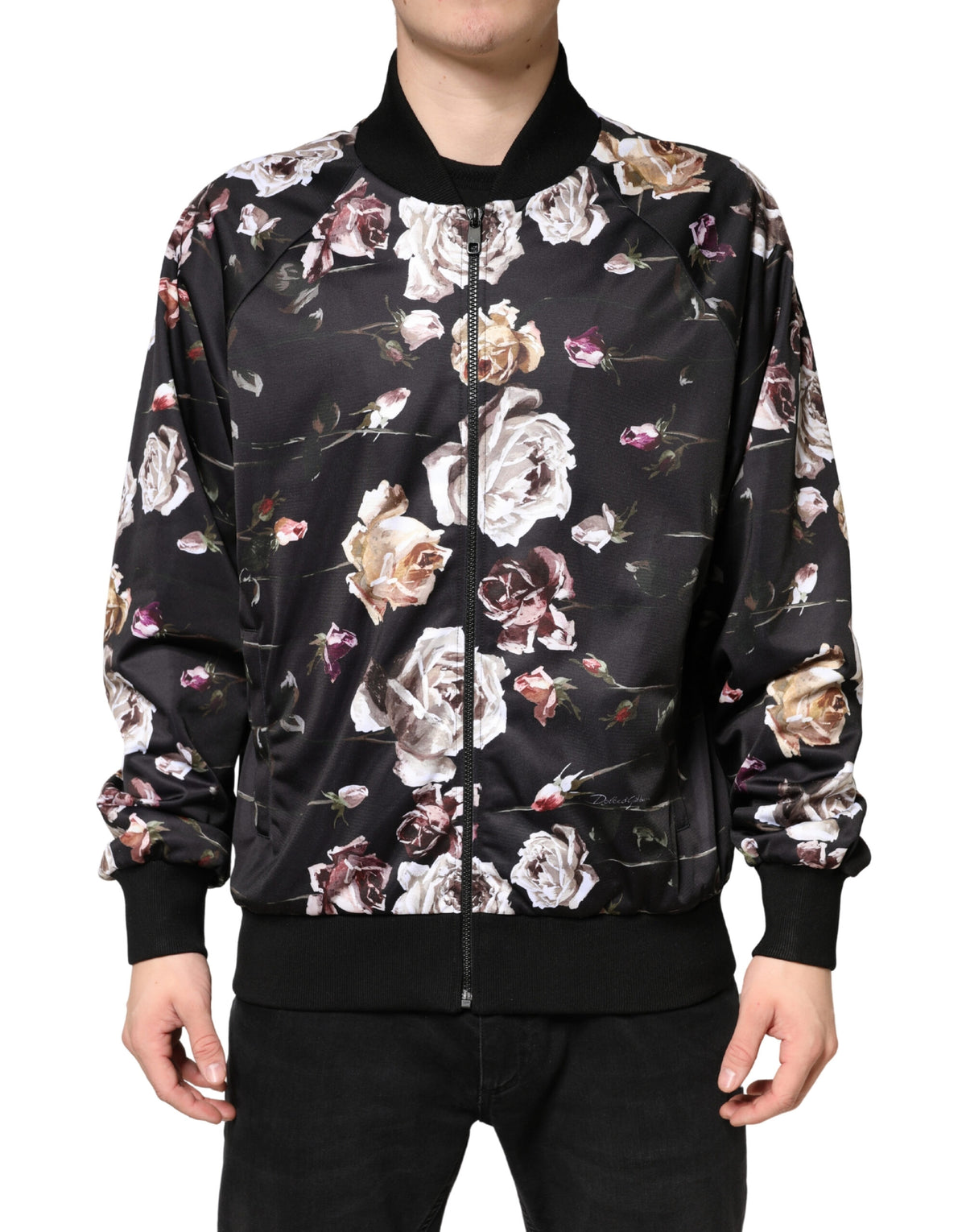 Black Floral Polyester Full Zip Bomber Jacket