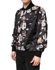 Black Floral Polyester Full Zip Bomber Jacket