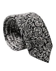 Black White Floral Fantasy Silk Adjustable Necktie Tie