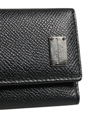 Black Leather Silver Metal Logo Plaque Trifold Keyring