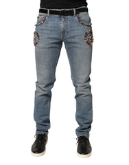 Blue Embellished Loose Cotton Men Denim Jeans