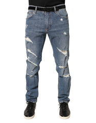 Blue Tattered Slim Fit Cotton Denim Jeans
